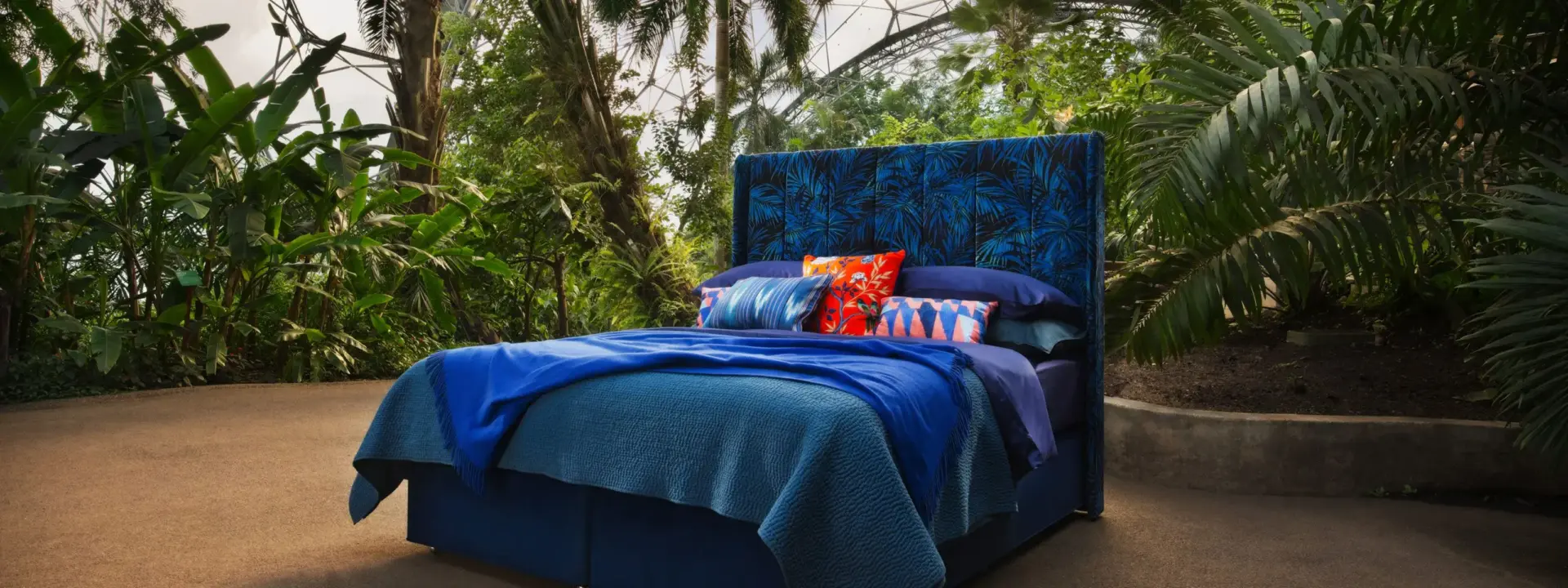 Blue bed and bedding for Hypnos Eden Project collaboration