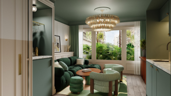 green walls and furniture refelct plants through the window in Le Jardin De Verre garden suite