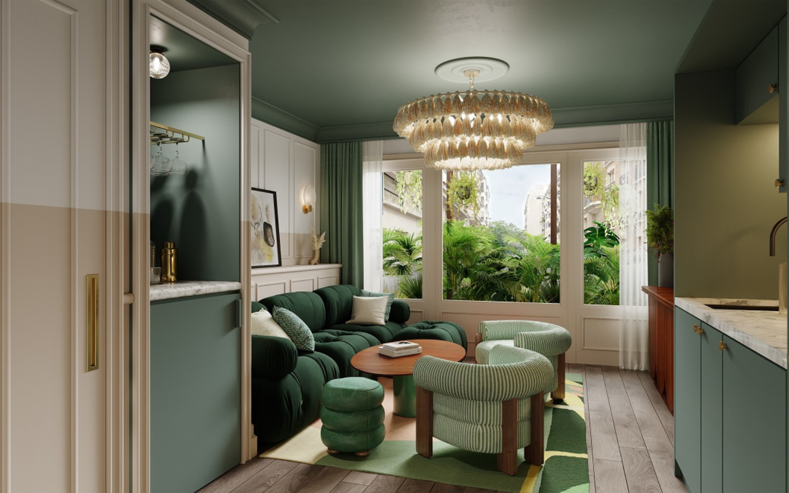 green walls and furniture refelct plants through the window in Le Jardin De Verre garden suite