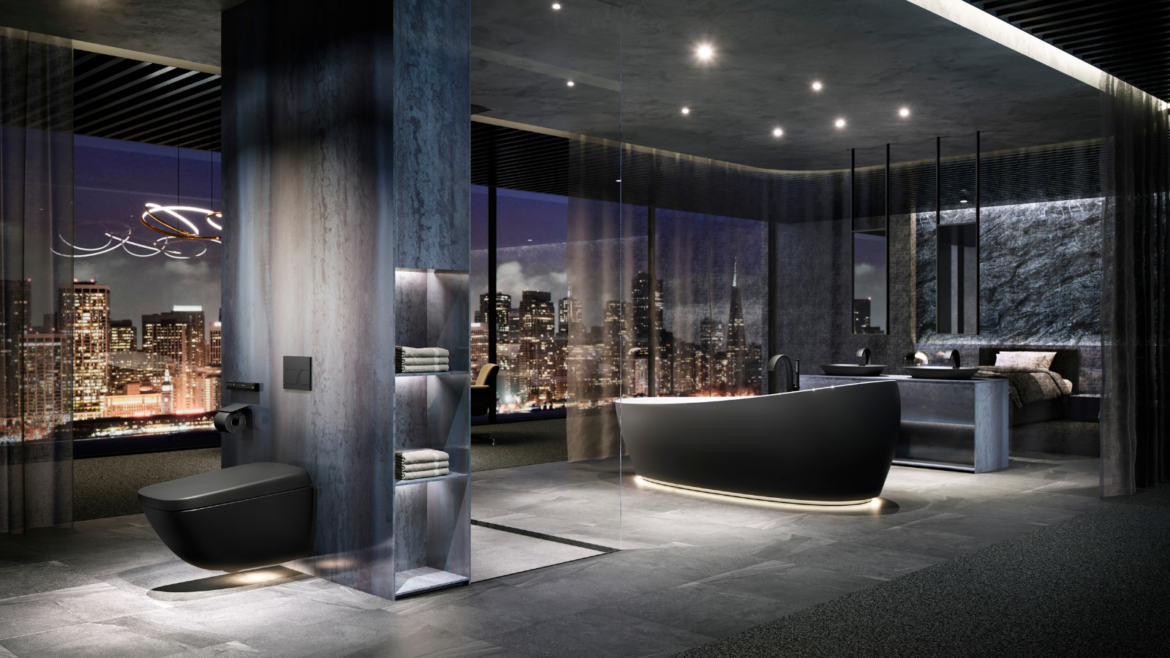 NEOREST Matte Black collection on show in dark lit room with lit skyline in background