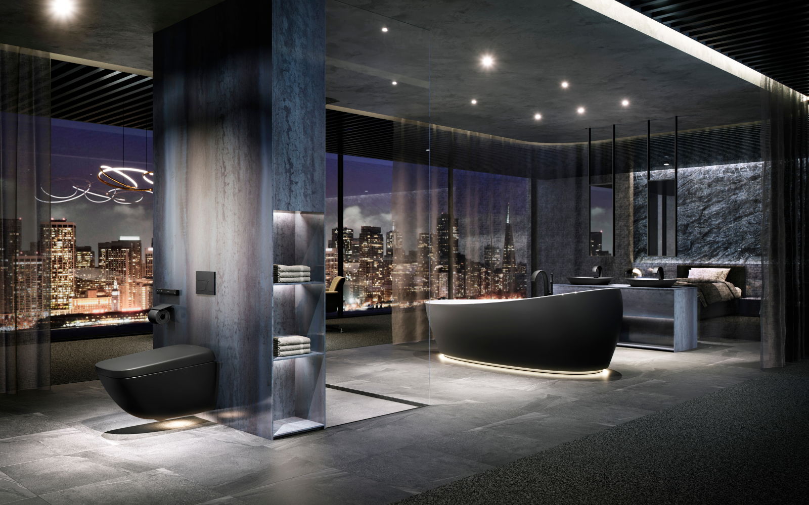 NEOREST Matte Black collection on show in dark lit room with lit skyline in background