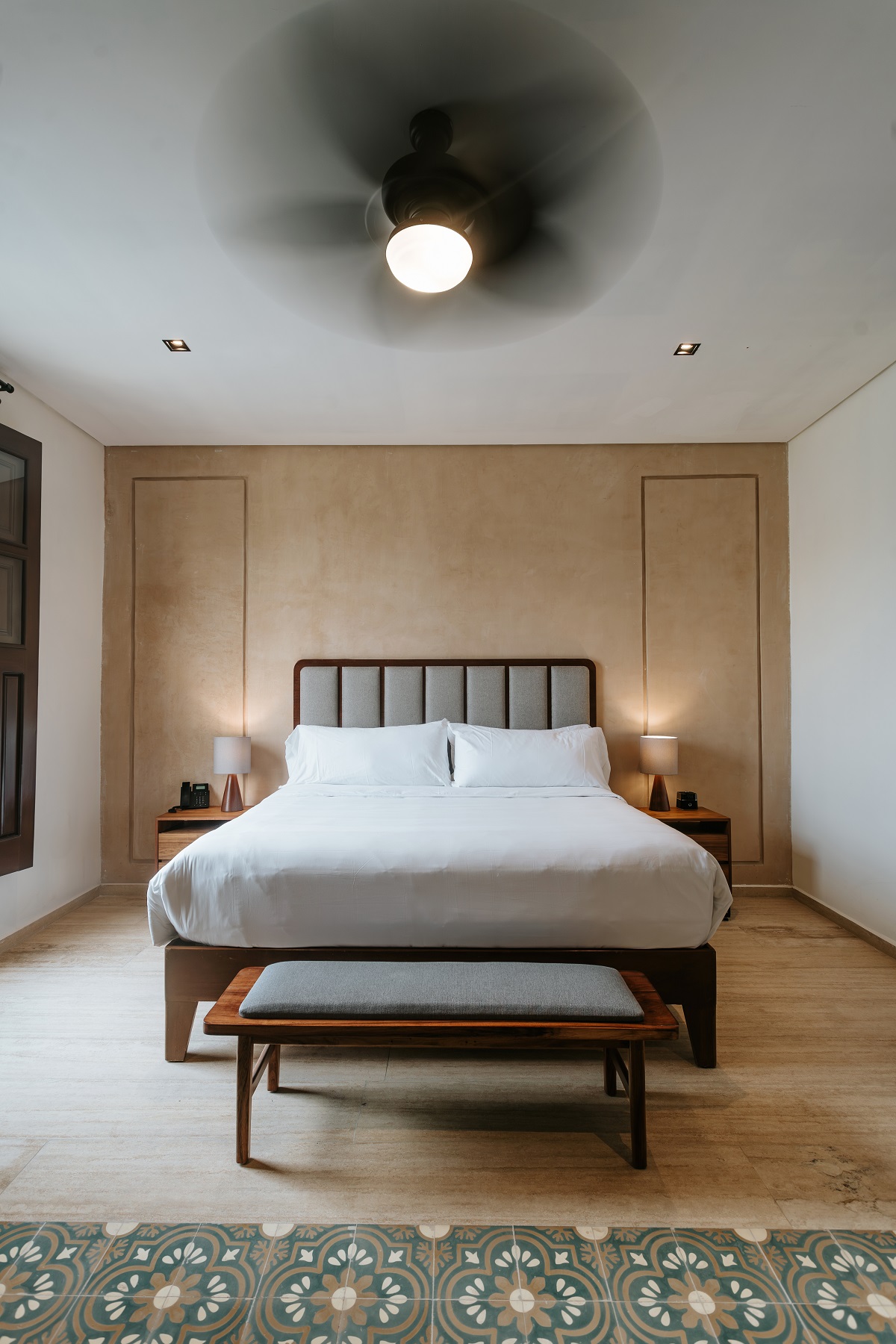 tiled floor and neutral colours in guestroom Kahal Mexico