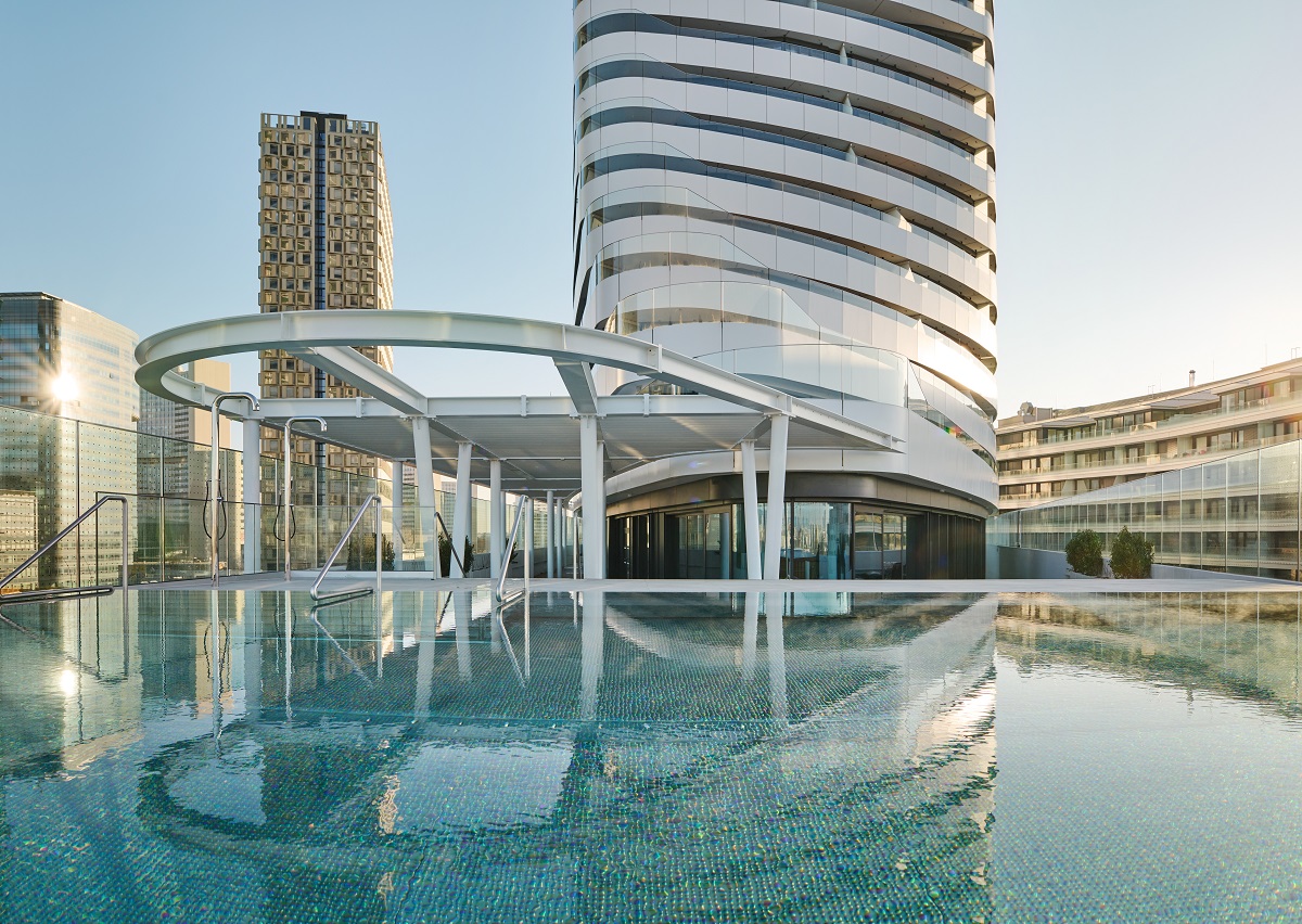 swimming pool and tower façade of A by Adina Vienna