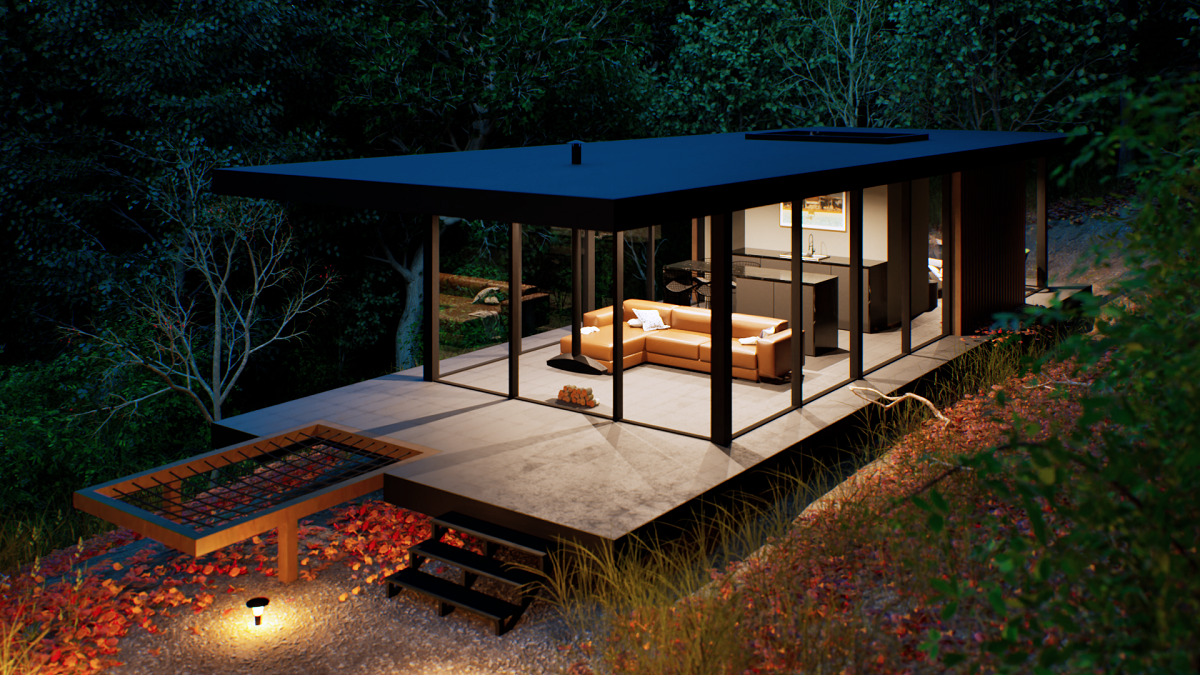view into glass bungalow at night