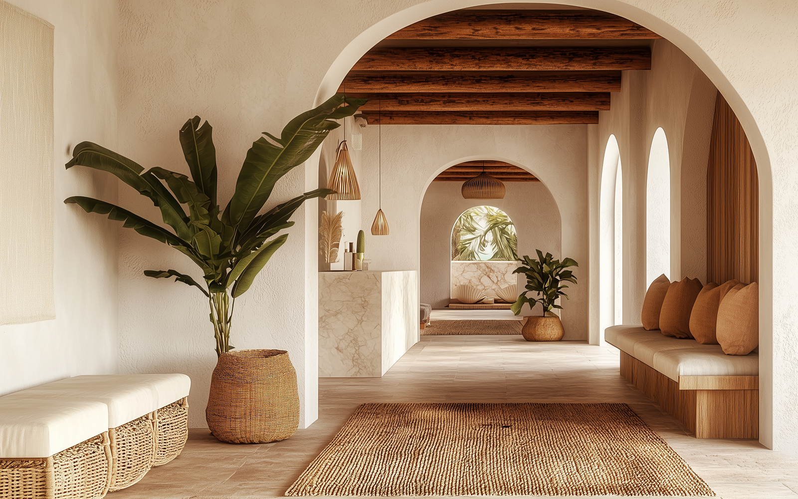palm tree and bench seating in hotel lobby with natural textured carpet