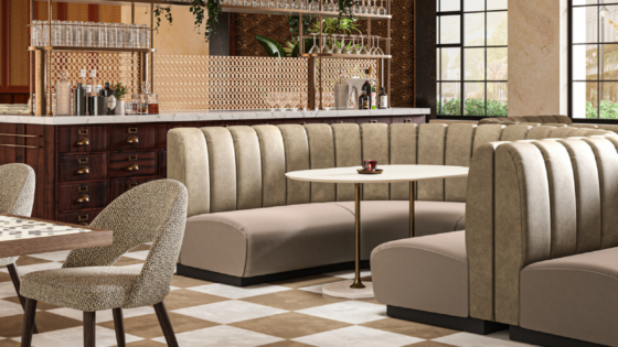 cream banquettes in restaurant covered in Dolce Vita Leathers collection from Sekers
