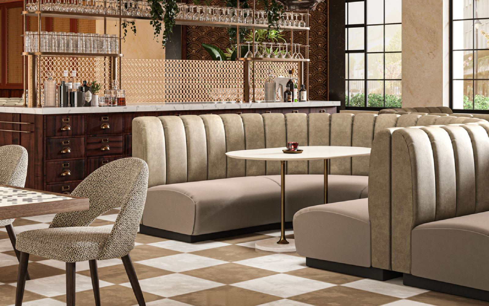 cream banquettes in restaurant covered in Dolce Vita Leathers collection from Sekers