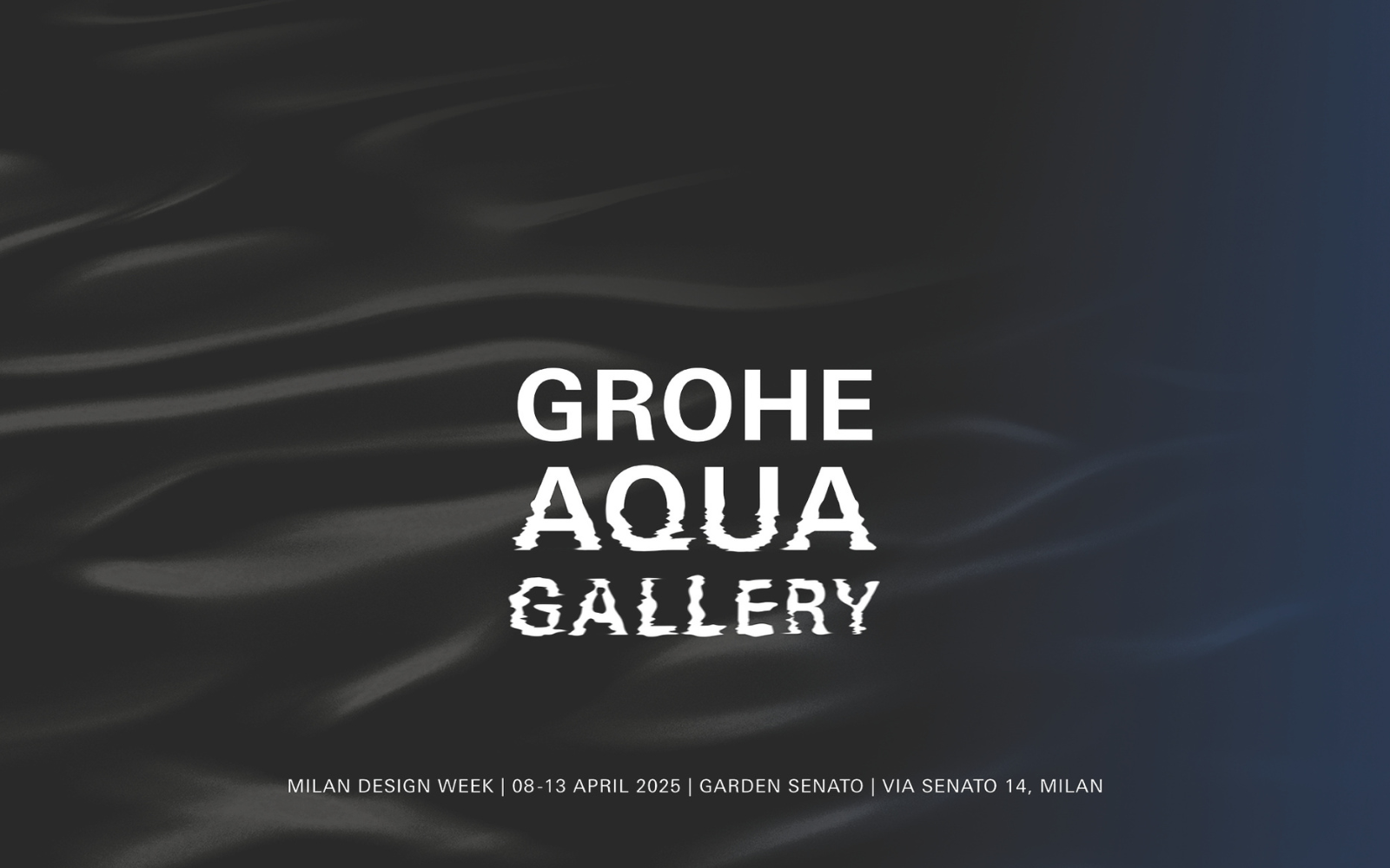 GROHE Aqua Gallery white text over dark navy blue water-wave background