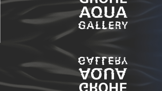 GROHE Aqua Gallery white text over dark navy blue water-wave background