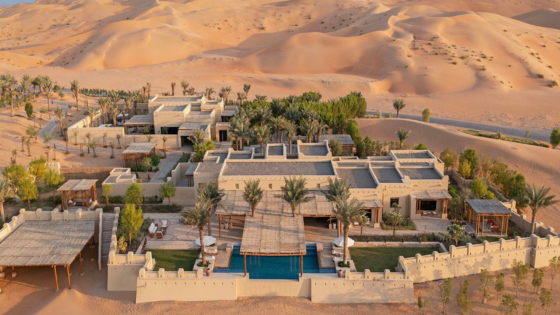 Shot from the air of Qasr Al Sarab desert resort