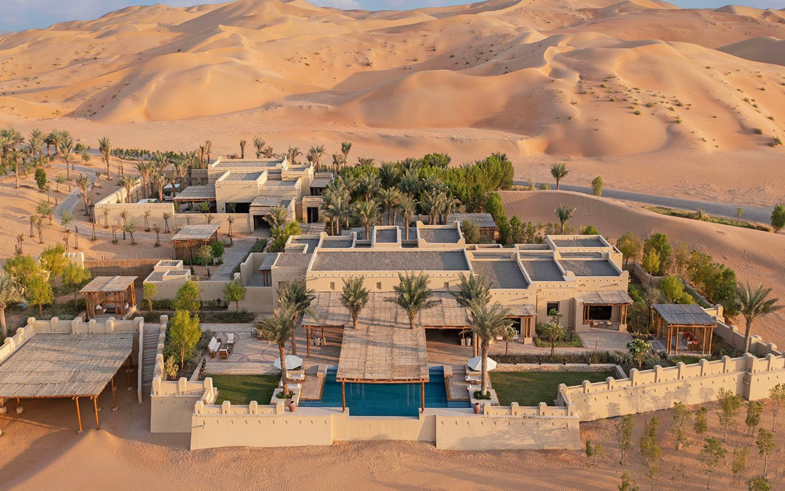 Shot from the air of Qasr Al Sarab desert resort