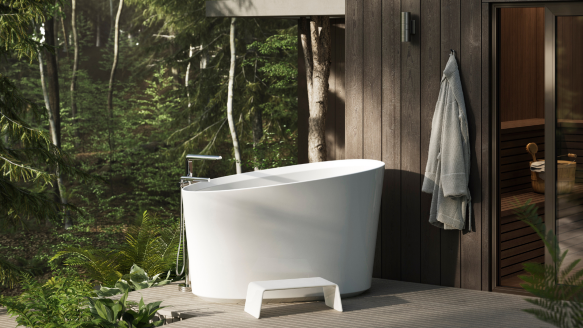 House of Rohl Victoria + Albert Kerid bath, soaking tub set in outdoor bathroom space