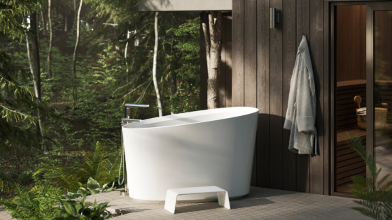 House of Rohl Victoria + Albert Kerid bath, soaking tub set in outdoor bathroom space