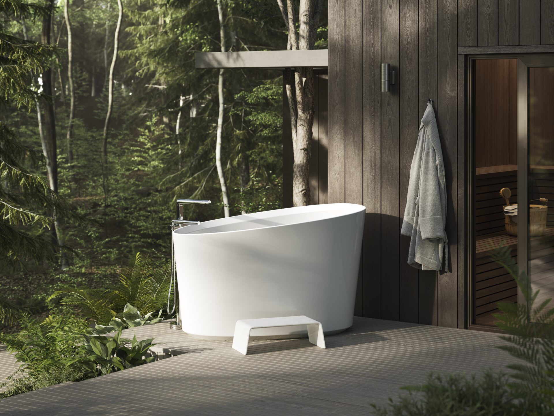 House of Rohl Victoria + Albert Kerid bath, soaking tub set in outdoor bathroom space