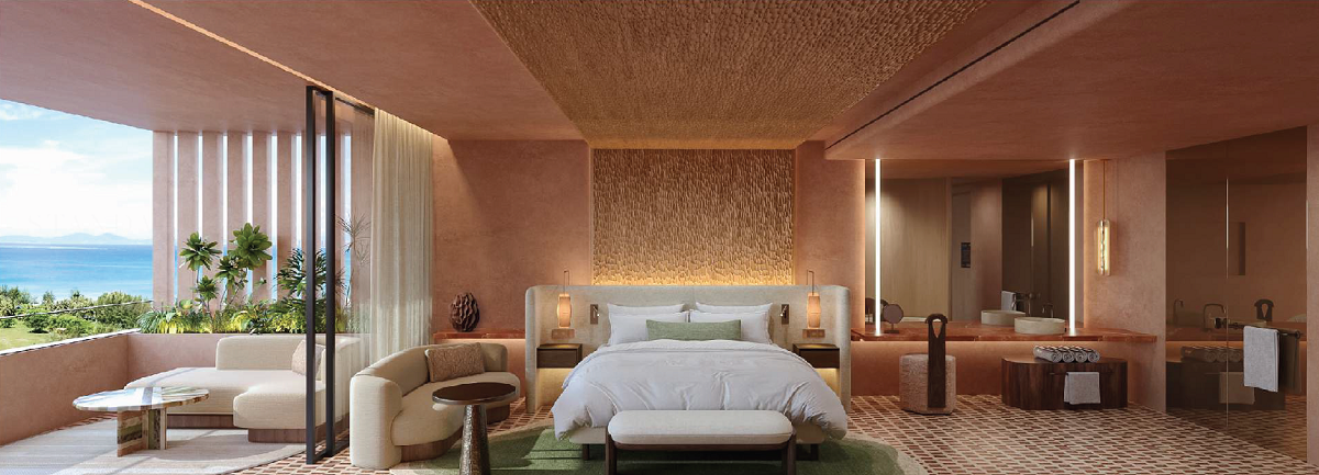 render of bathroom, bedroom and terrace in JW Marriott Palmares Ocean Living & Golf