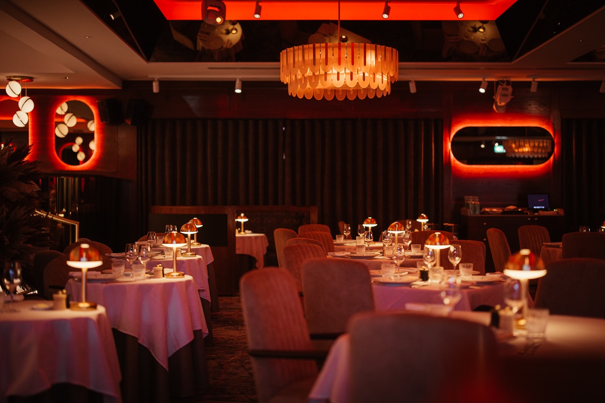 dark red interior and low lighting in Crossbasket Castle restaurant interior