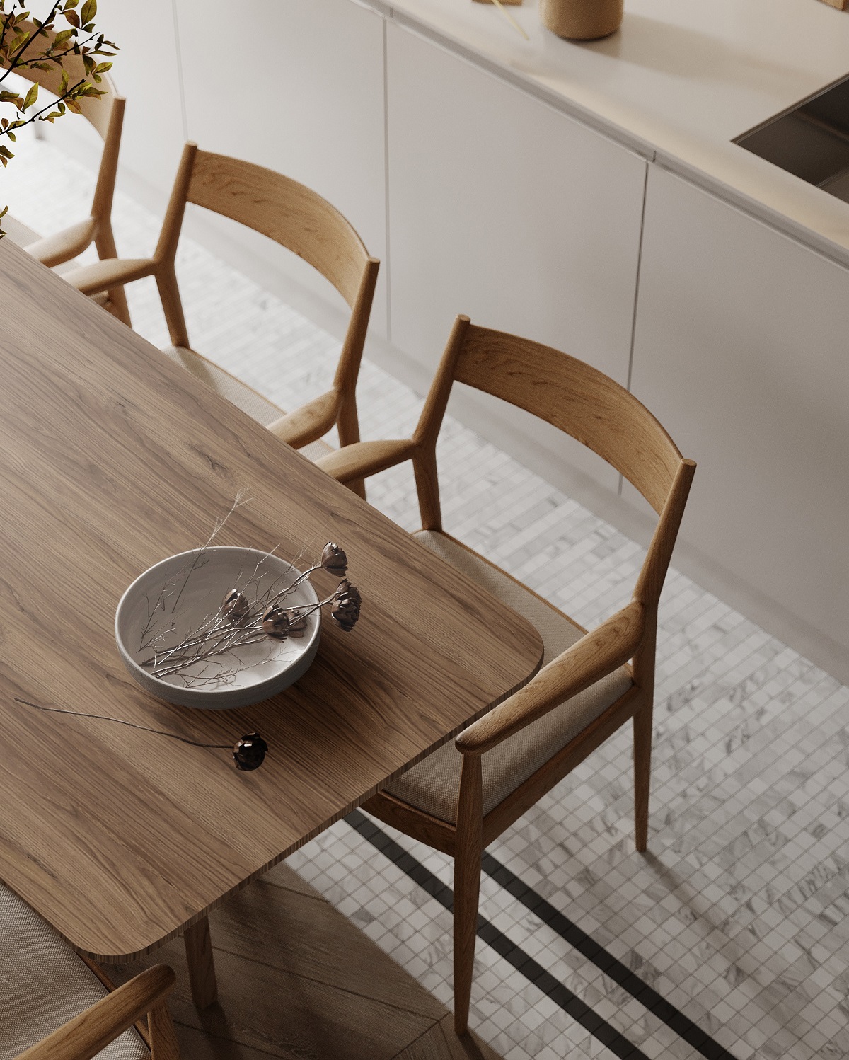wooden chairs, stone floor and merinolam surfaces