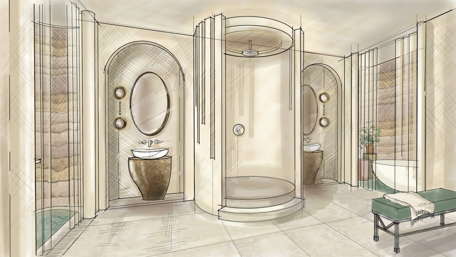 Render or sketch of 1508 London x House of Rohl Principal Bathroom design for WOW!house 2025. Shower space sits central on wall with arched inlets with basins either side