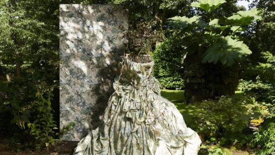 sanderson highgrove fabric with organic figure dressed in garden