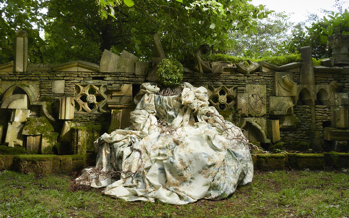sanderson fabric draped over organic figure in highgrove