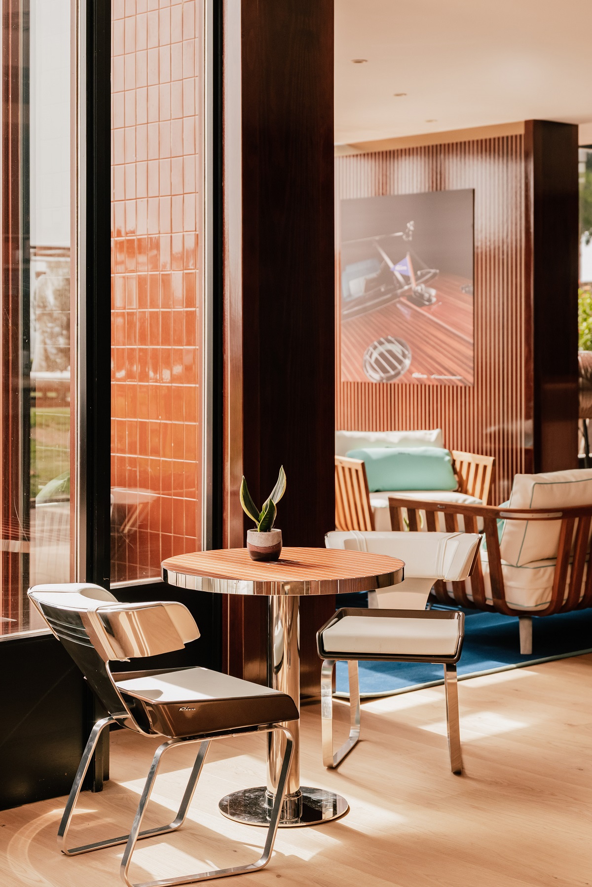 chrome and wood furniture in the Riva Lounge