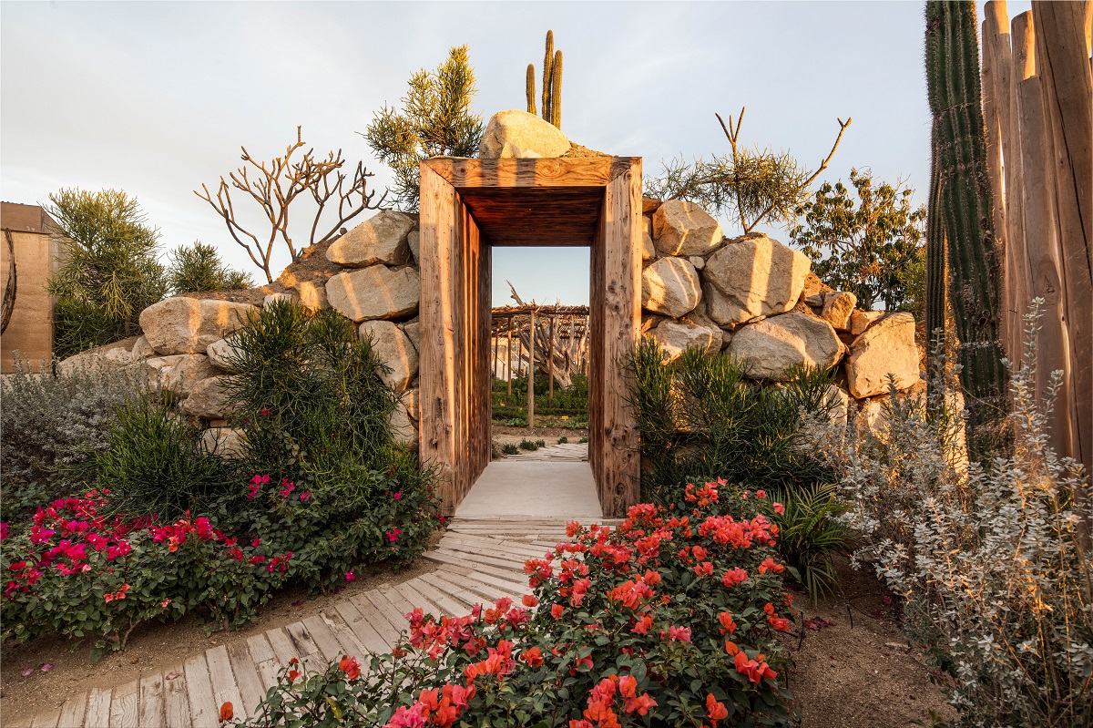 stone entrance and path lined by indigenous plants 