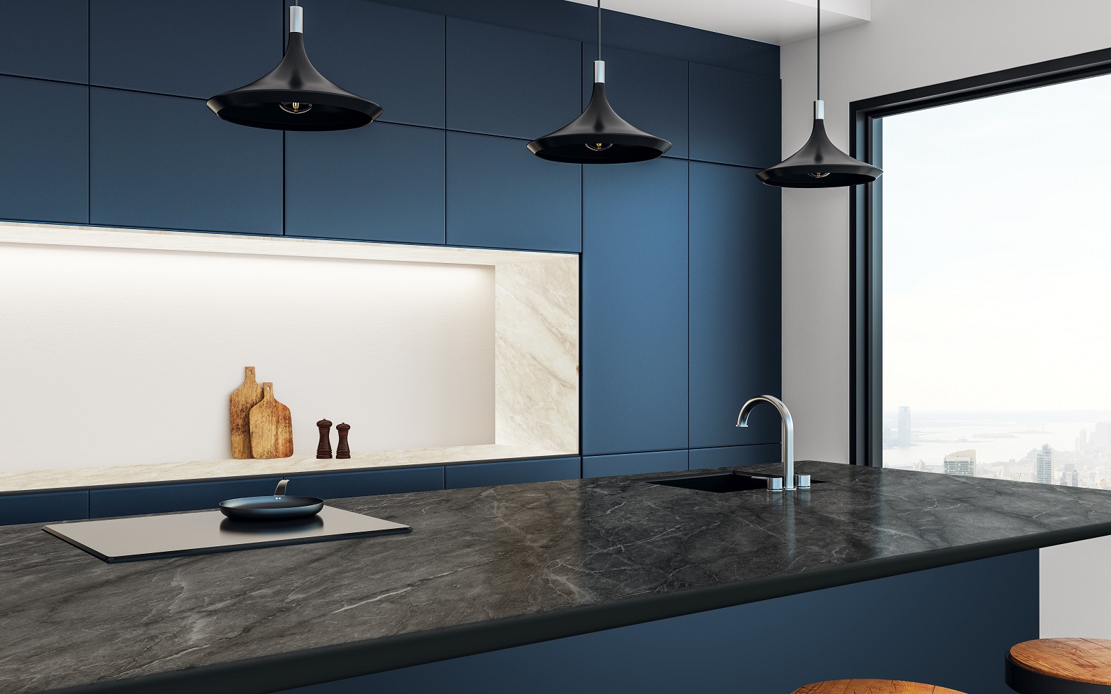 dark blue wall, grey work surface and stone coloured shelf in kitchen with Merinolam from James Latham