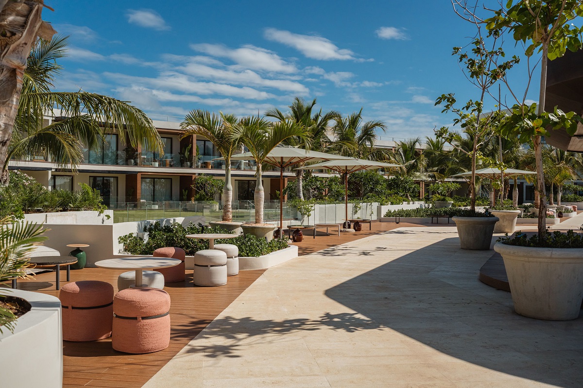 outdoor seating and terraces surrounded by palm trees