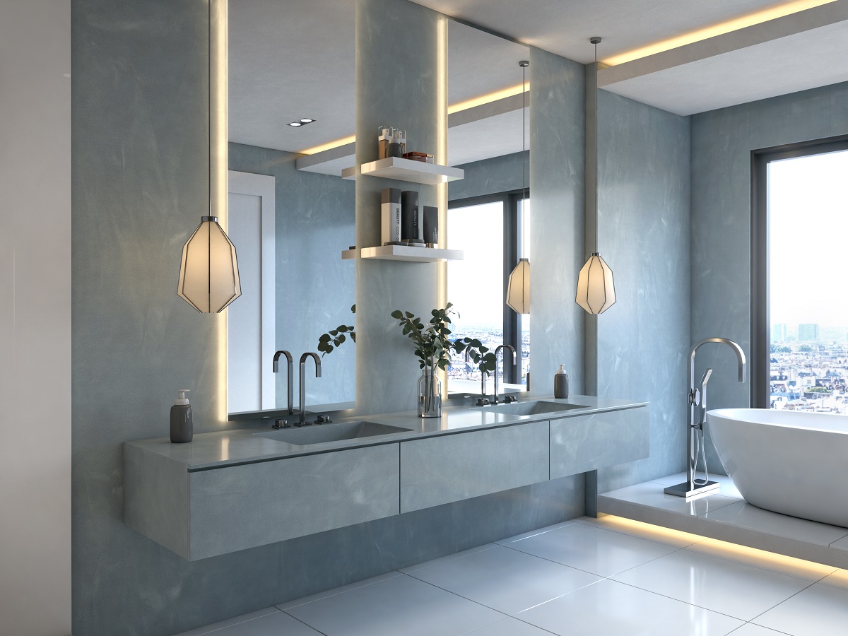 bathroom with double vanity and freestanding bath in window bay
