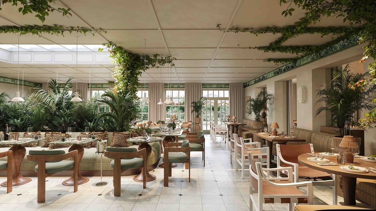 wooden furniture and green plants in the restaurant in Crafted at Powdermills