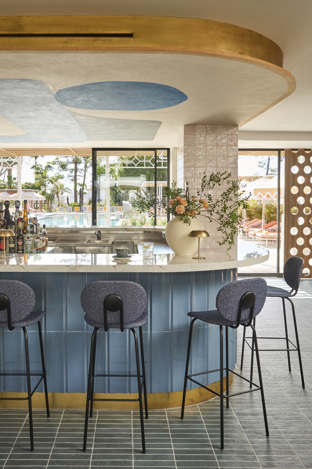 blue tiled Azul bar and blue bar stools