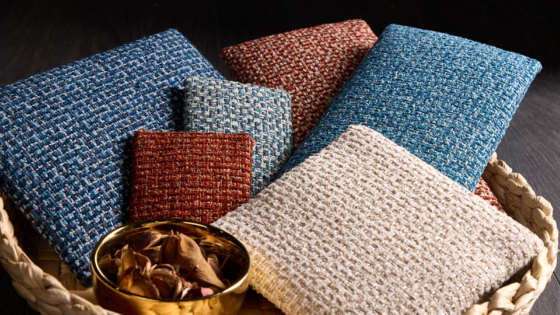 Esme by Skopos fabric swatches in wicker basket