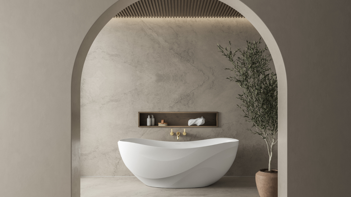 The Seros bath design from House of Rohl. Pictured through archway with olive tree to right