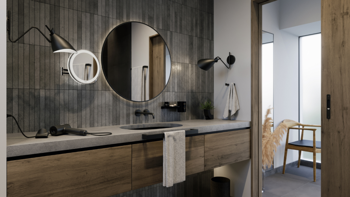 Grey-walled bathroom with floating wooden vanity