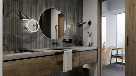 Grey-walled bathroom with floating wooden vanity