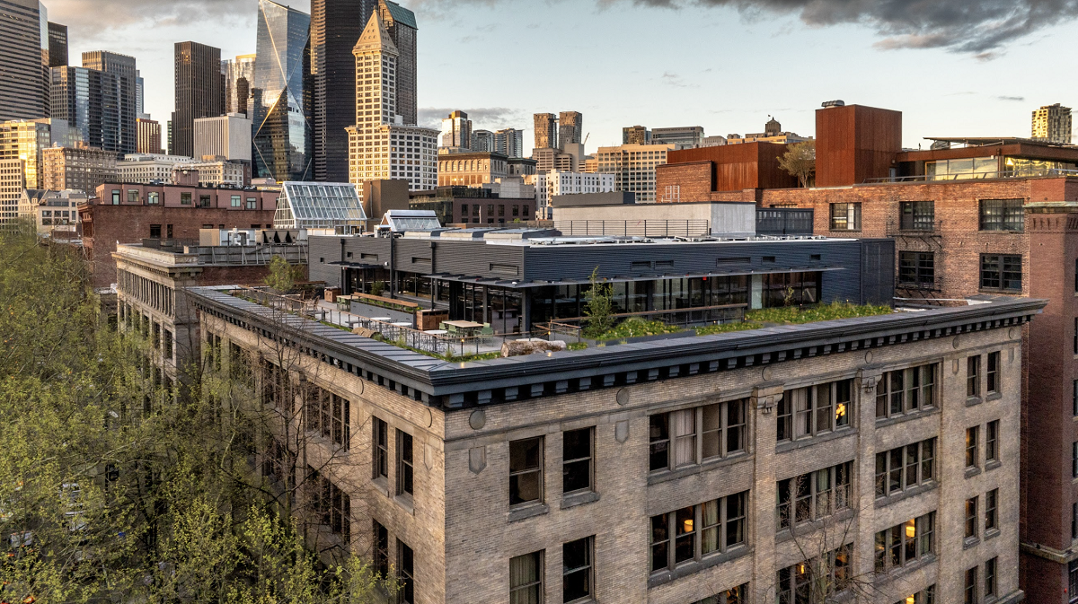 view of Populus Seattle rooftop bar Firn Rooftop Aerial