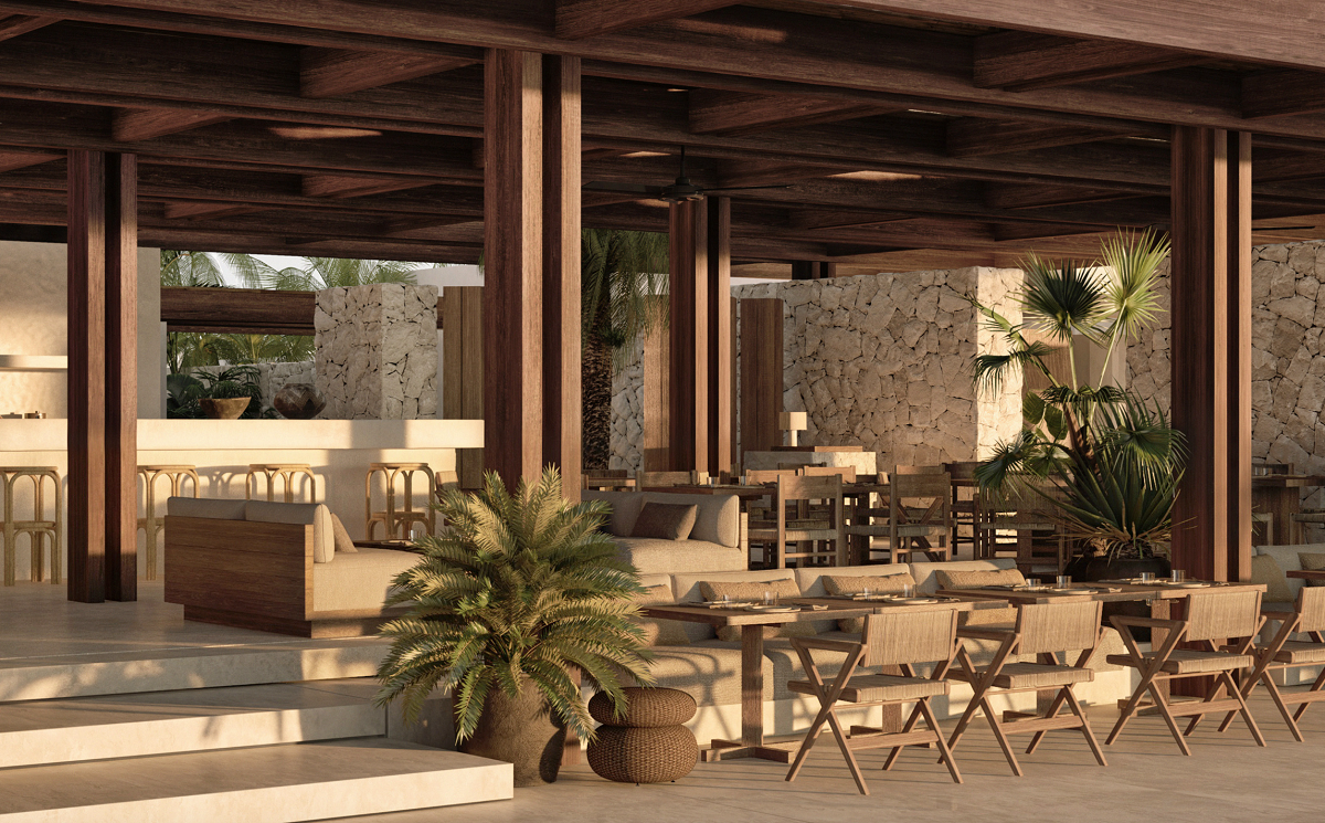 render of outdoor seating and terrace at Luura Paros cliffs