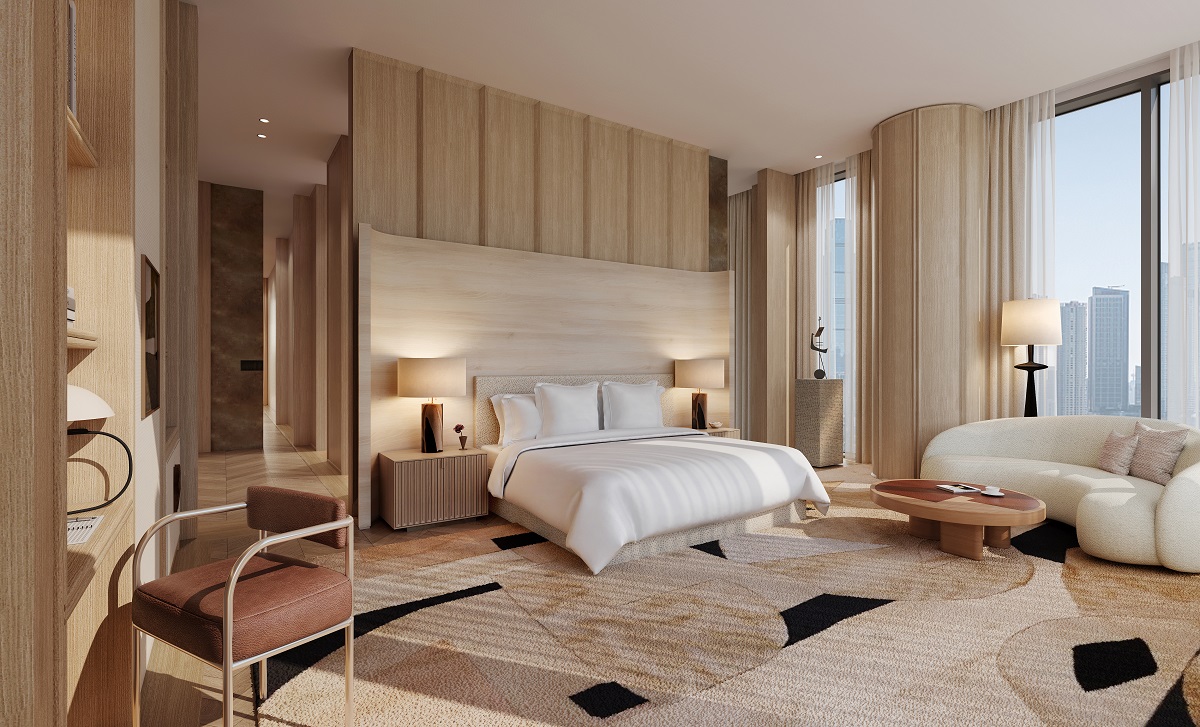 city views from luxurious neutral toned bedroom in Four Seasons Philadelphia penthouse