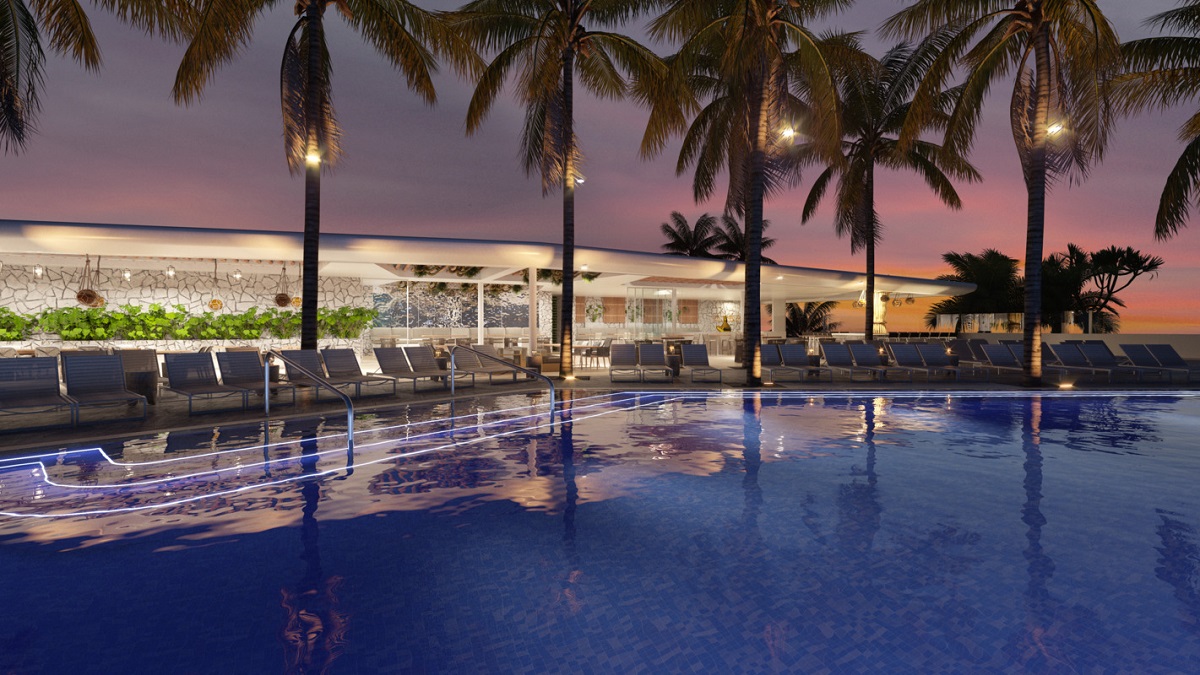 render of evening light around hotel swimming pool and palm trees