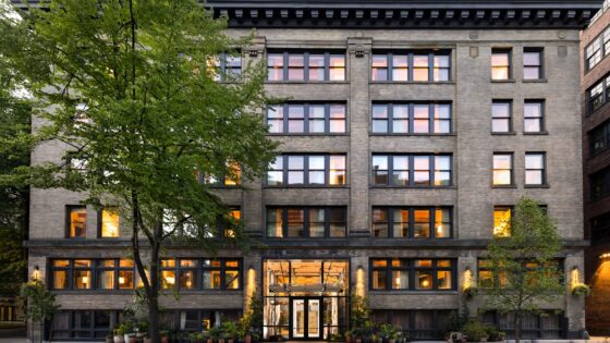 exterior facade of Populus Seattle, a carbon positive hotel in Seattle’s historic Pioneer Square