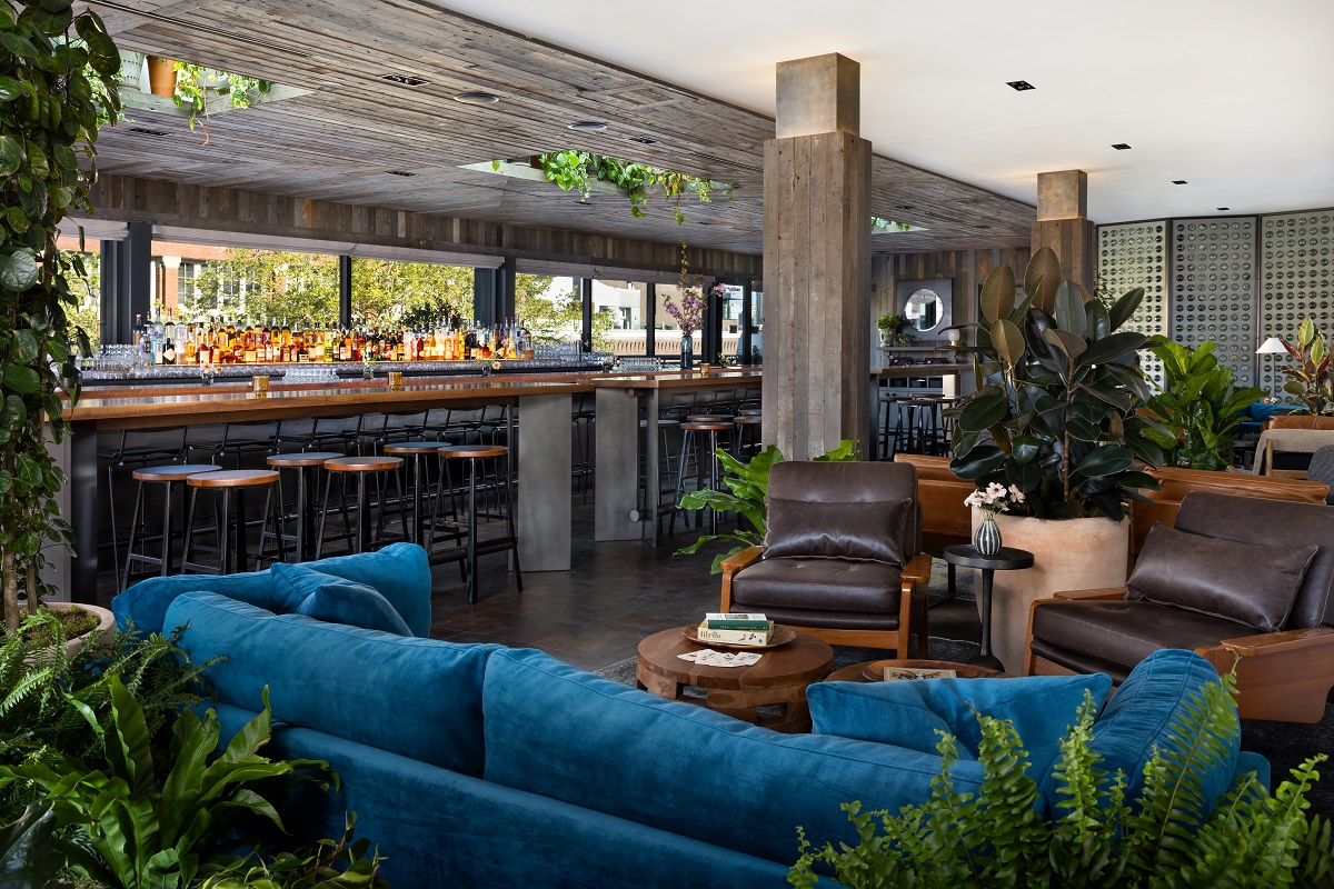 plants and blue sofa in front of wooden rooftop bar Firn