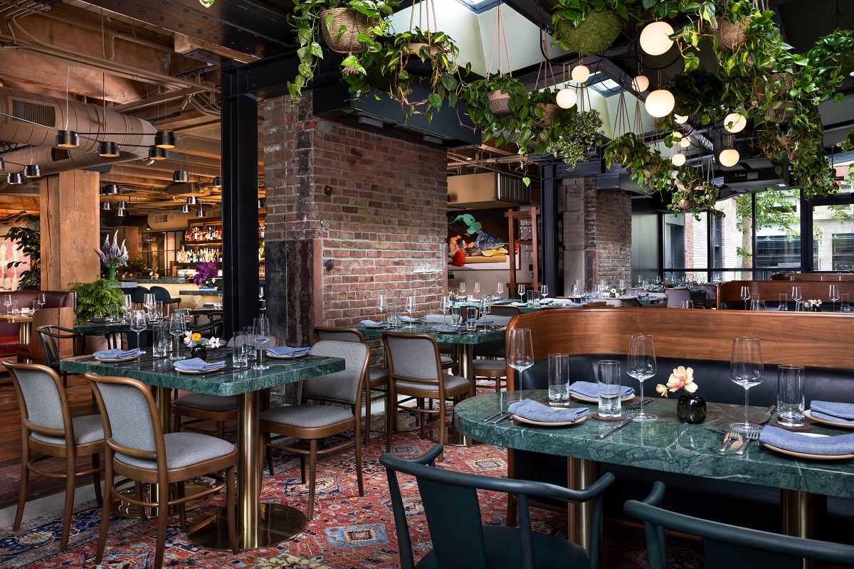 wooden furniture and surfaces in restaurant with skylight and suspended plants