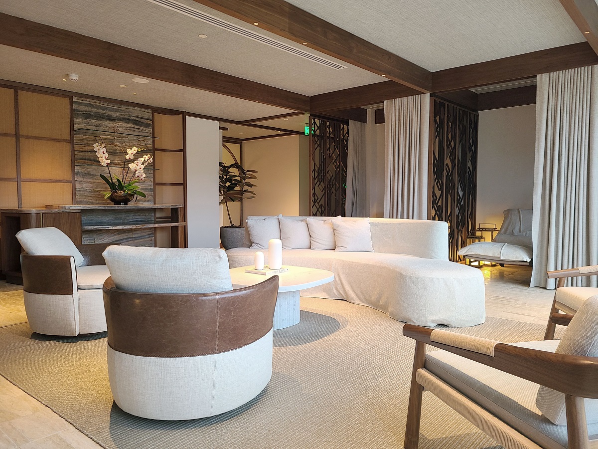 hotel interior in natural colour palette with organic curved seating in Spa