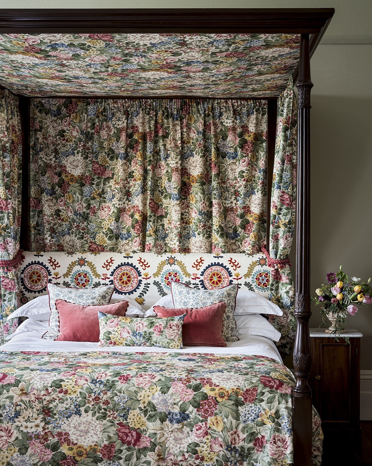 fabric from Sanderson highgrove collection on bed canopy, cushions and cover