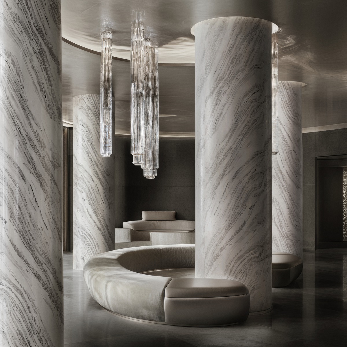 grey and white columns and curved surfaces in corian surface design