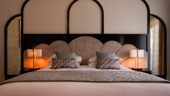 art deco inspired bed and lighting in Crossbasket Castle