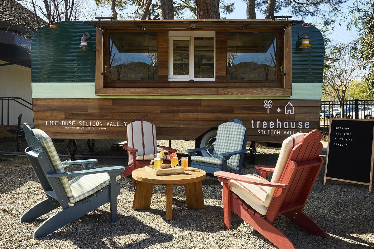 wooden adirondack outdoor chairs and retro beer garden