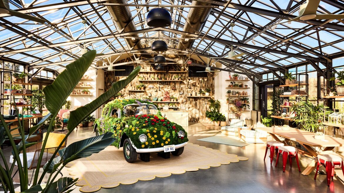 floral covered vw beetle car in lobby of the Treehouse silicone Valley