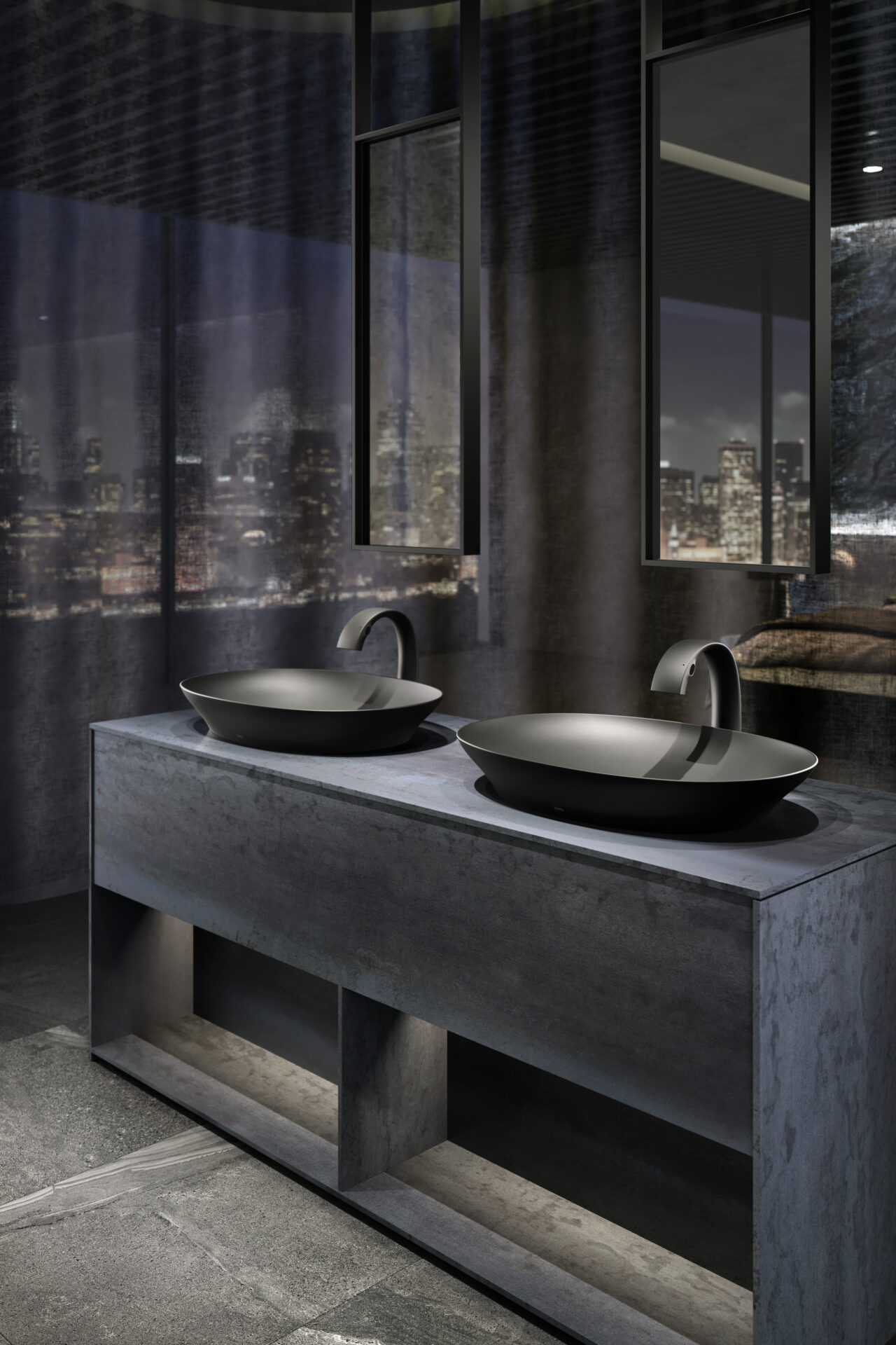 TOTO Neorest WX bowl with Autofaucet ZN in matte black, in dark stone bathroom