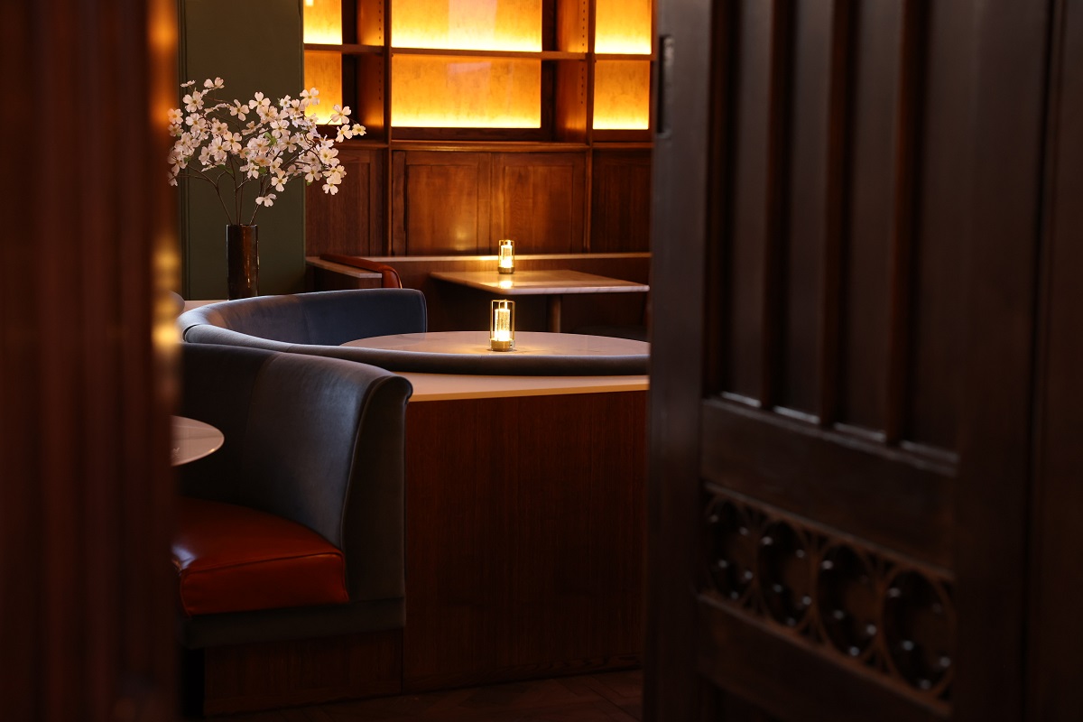 low lighting and dark colours in the dining area of Mar Hall